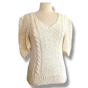 Vintage 1980s Womens Sweater Sz Medium Cream Handknit V-neck Puff Sleeve Boho